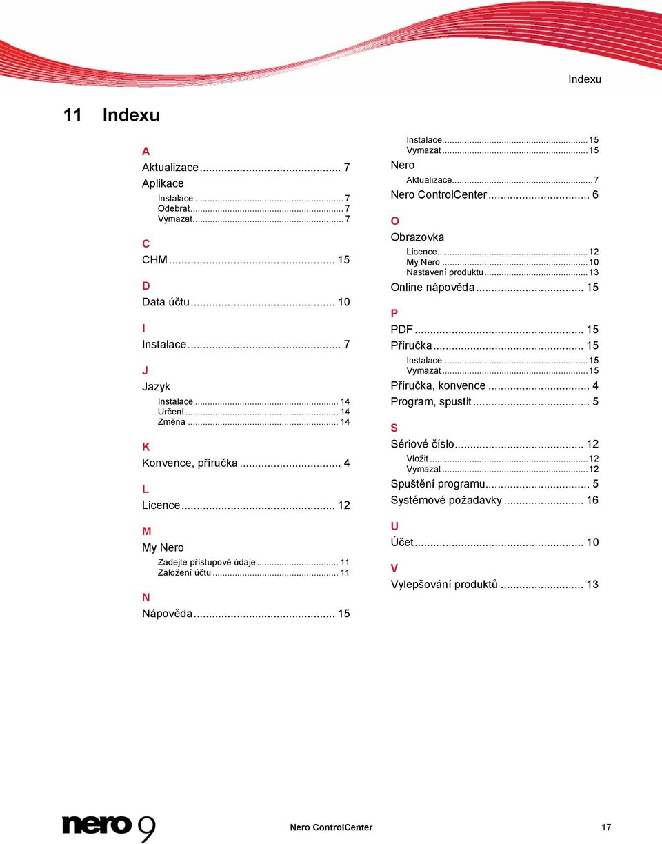 ..7 Nero ControlCenter... 6 O Obrazovka Licence...12 My Nero...10 Nastavení produktu...13 Online nápověda... 15 P PDF... 15 Příručka... 15 Instalace...15 Vymazat.