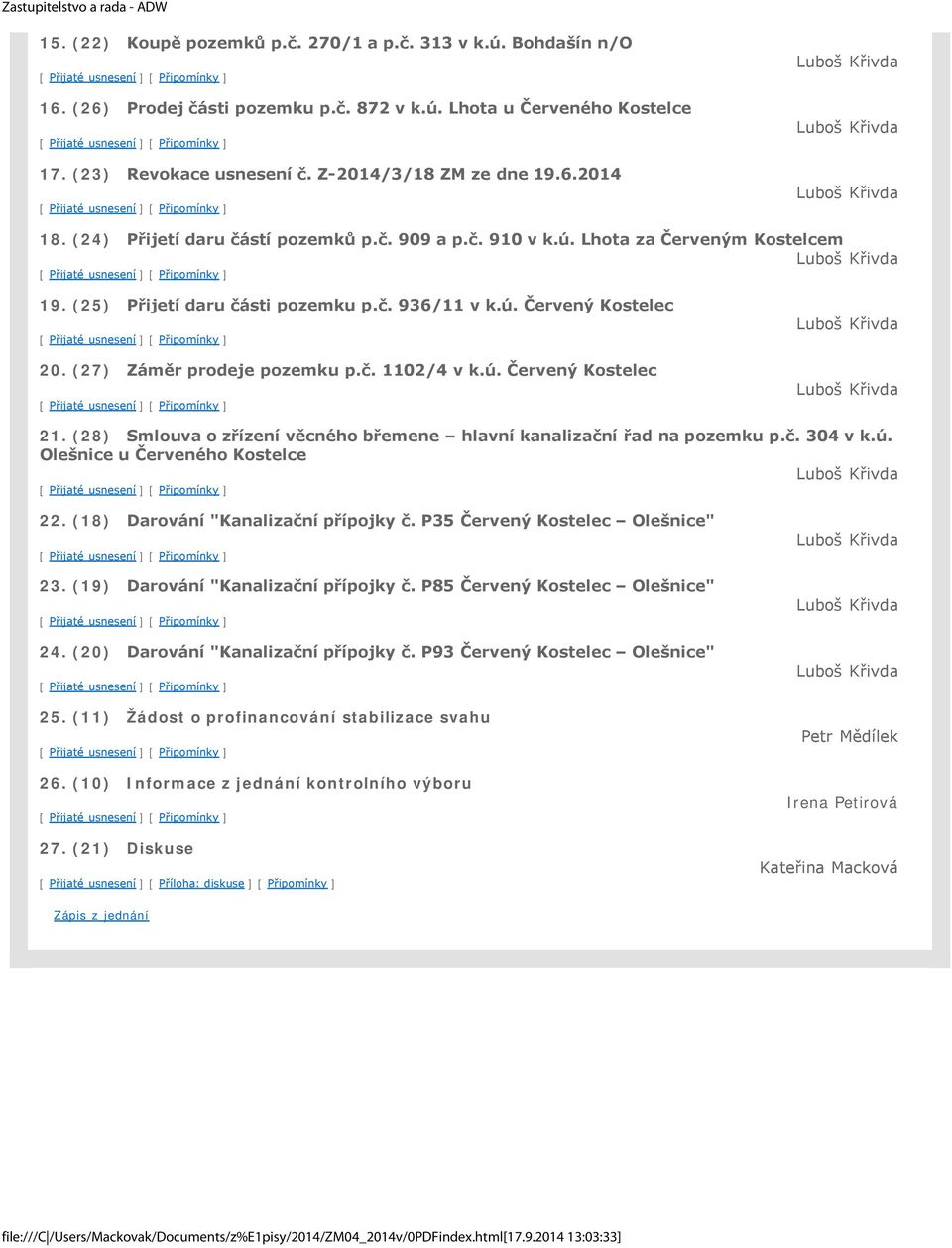 (25) Přijetí daru části pozemku p.č. 936/11 v k.ú. Červený Kostelec 20. (27) Záměr prodeje pozemku p.č. 1102/4 v k.ú. Červený Kostelec Luboš Křivda Luboš Křivda 21.