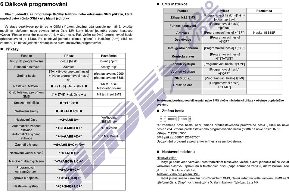 Pak vložte správné programovací heslo (přednastavené je 8888). Po té hlavní jednotka dlouze pípne a indikátor [Arm] bliká na znamení, že hlavní jednotka vstoupila do stavu dálkového programování.