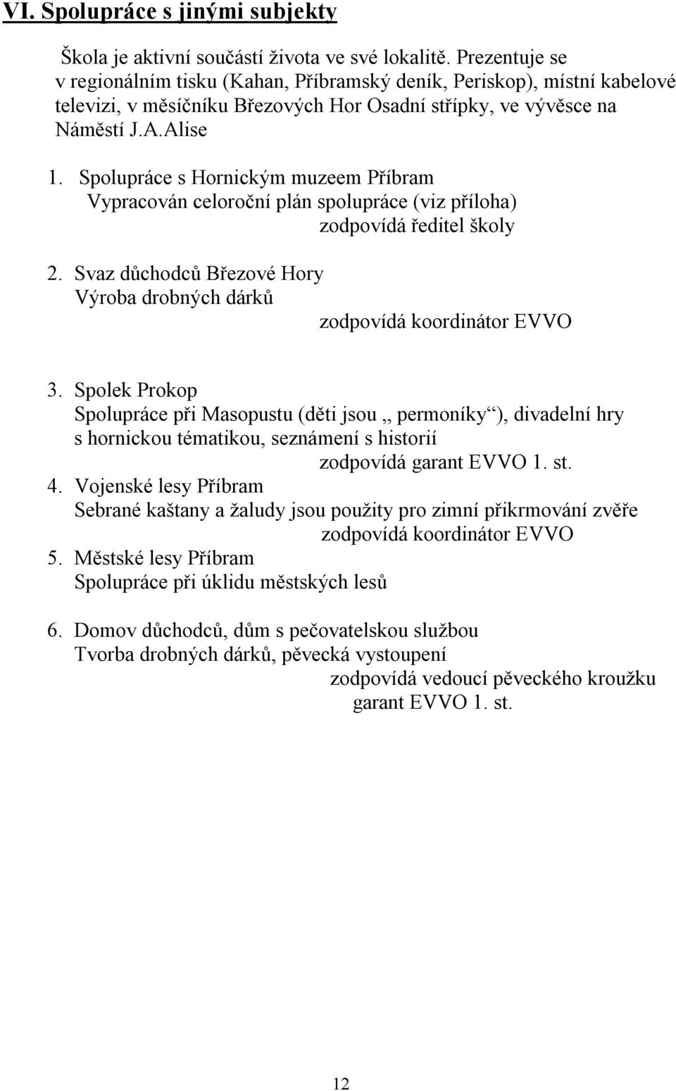 Spolupráce s Hornickým muzeem Příbram Vypracován celoroční plán spolupráce (viz příloha) zodpovídá ředitel školy 2. Svaz důchodců Březové Hory Výroba drobných dárků 3.