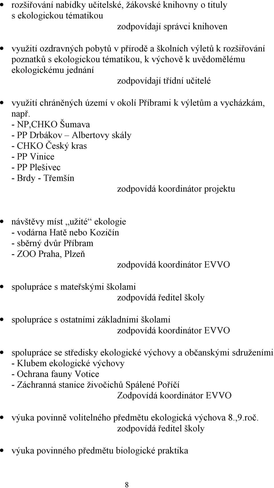 - NP,CHKO Šumava - PP Drbákov Albertovy skály - CHKO Český kras - PP Vinice - PP Plešivec - Brdy - Třemšín zodpovídá koordinátor projektu návštěvy míst užité ekologie - vodárna Hatě nebo Kozičín -