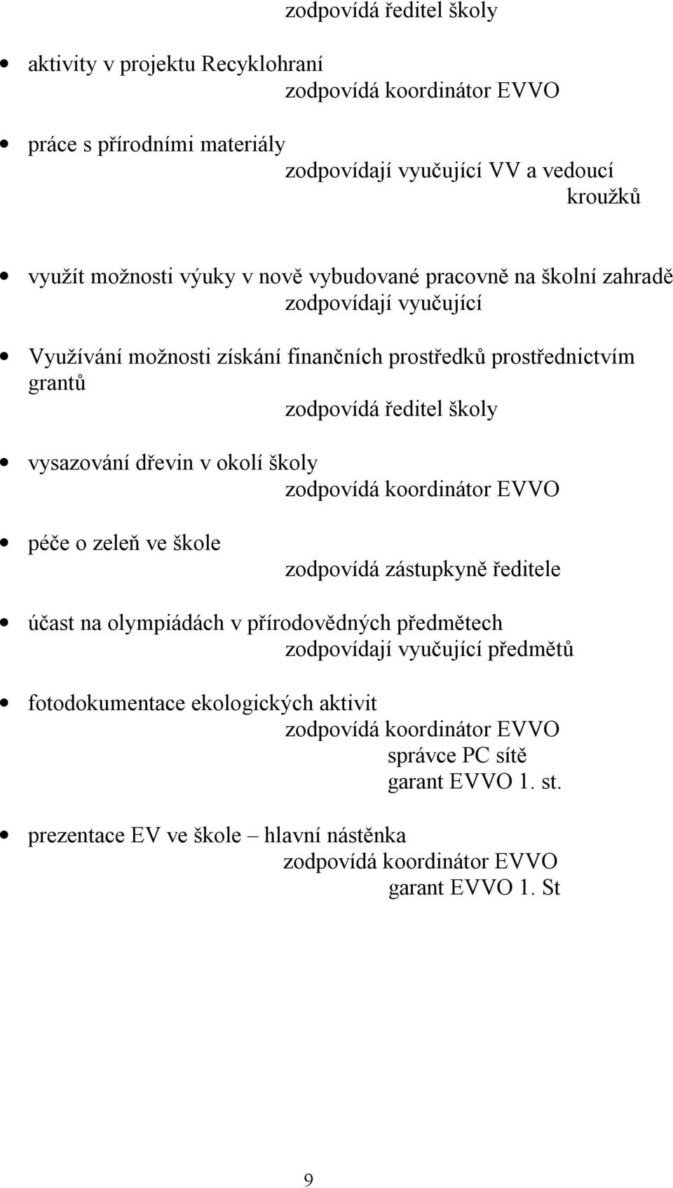ředitel školy vysazování dřevin v okolí školy péče o zeleň ve škole zodpovídá zástupkyně ředitele účast na olympiádách v přírodovědných předmětech