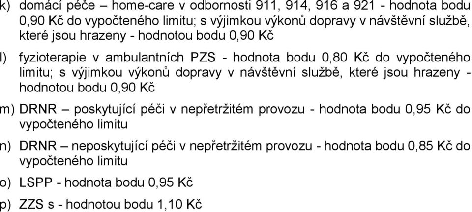 návštěvní službě, které jsou hrazeny - hodnotou bodu 0,90 Kč m) DRNR poskytující péči v nepřetržitém provozu - hodnota bodu 0,95 Kč do vypočteného limitu