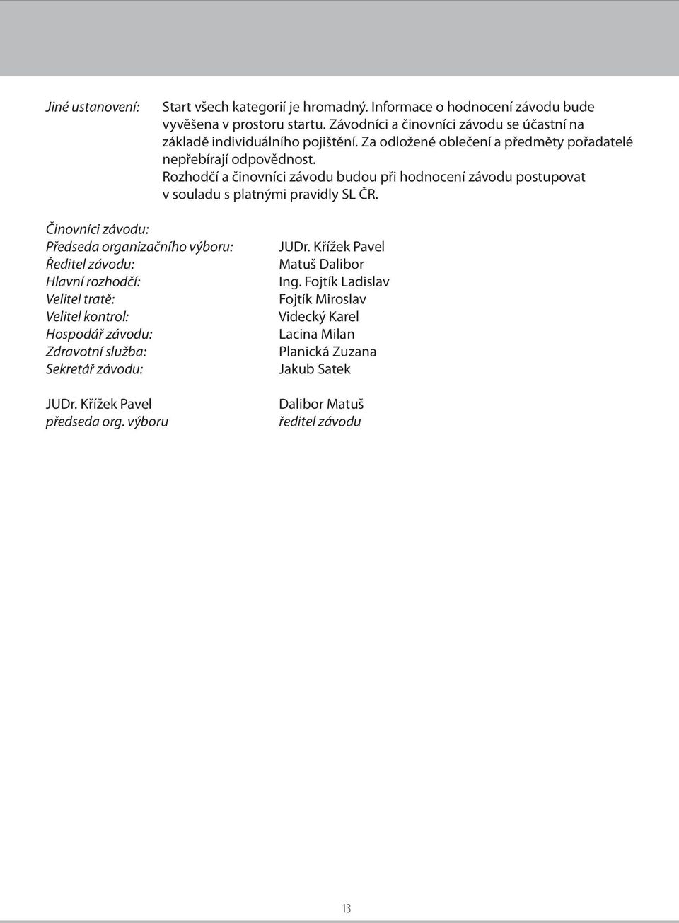Rozhodčí a činovníci závodu budou při hodnocení závodu postupovat v souladu s platnými pravidly SL ČR.