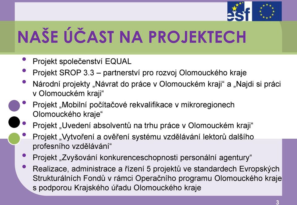 rekvalifikace v mikroregionech Olomouckého kraje Projekt Uvedení absolventů na trhu práce v Olomouckém kraji Projekt Vytvoření a ověření systému vzdělávání lektorů