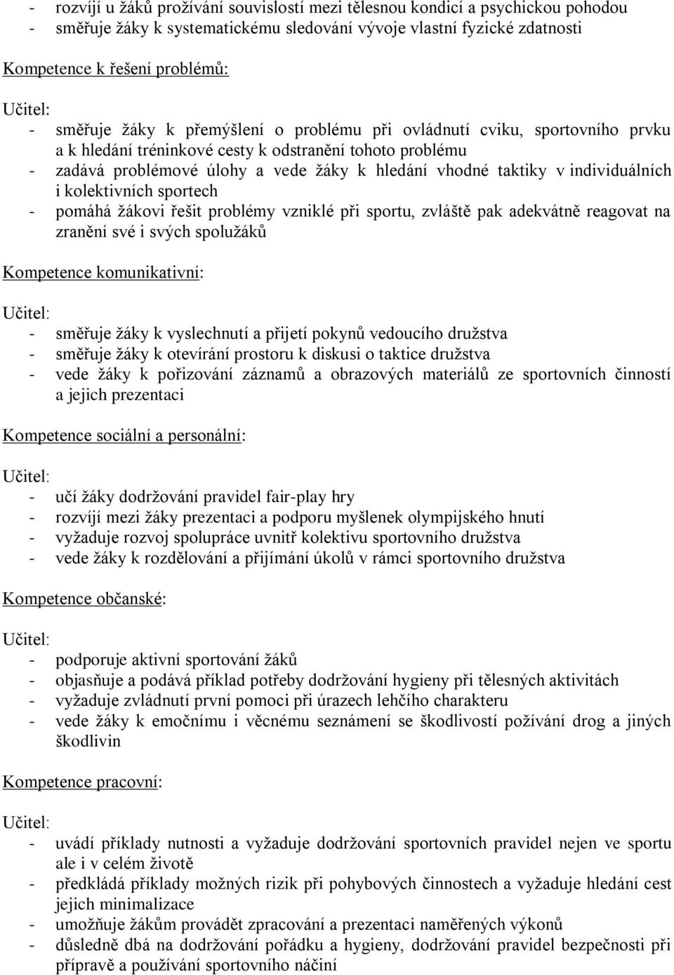 individuálních i kolektivních sportech - pomáhá žákovi řešit problémy vzniklé při sportu, zvláště pak adekvátně reagovat na zranění své i svých spolužáků Kompetence komunikativní: - směřuje žáky k