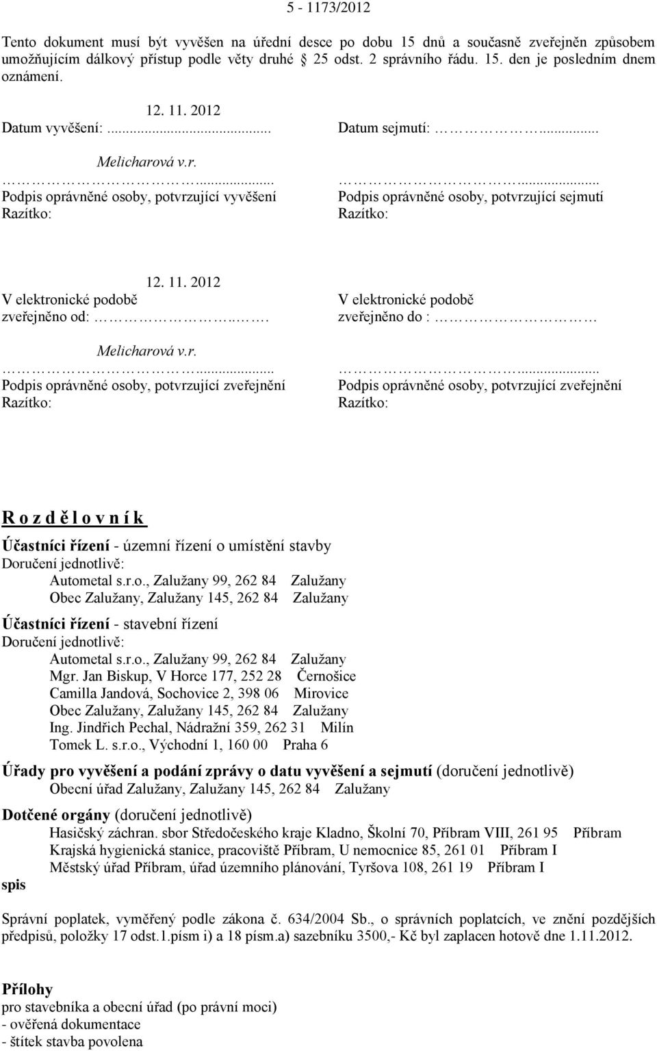 .. Melicharová v.r.... Podpis oprávněné osoby, potvrzující zveřejnění V elektronické podobě zveřejněno do :.