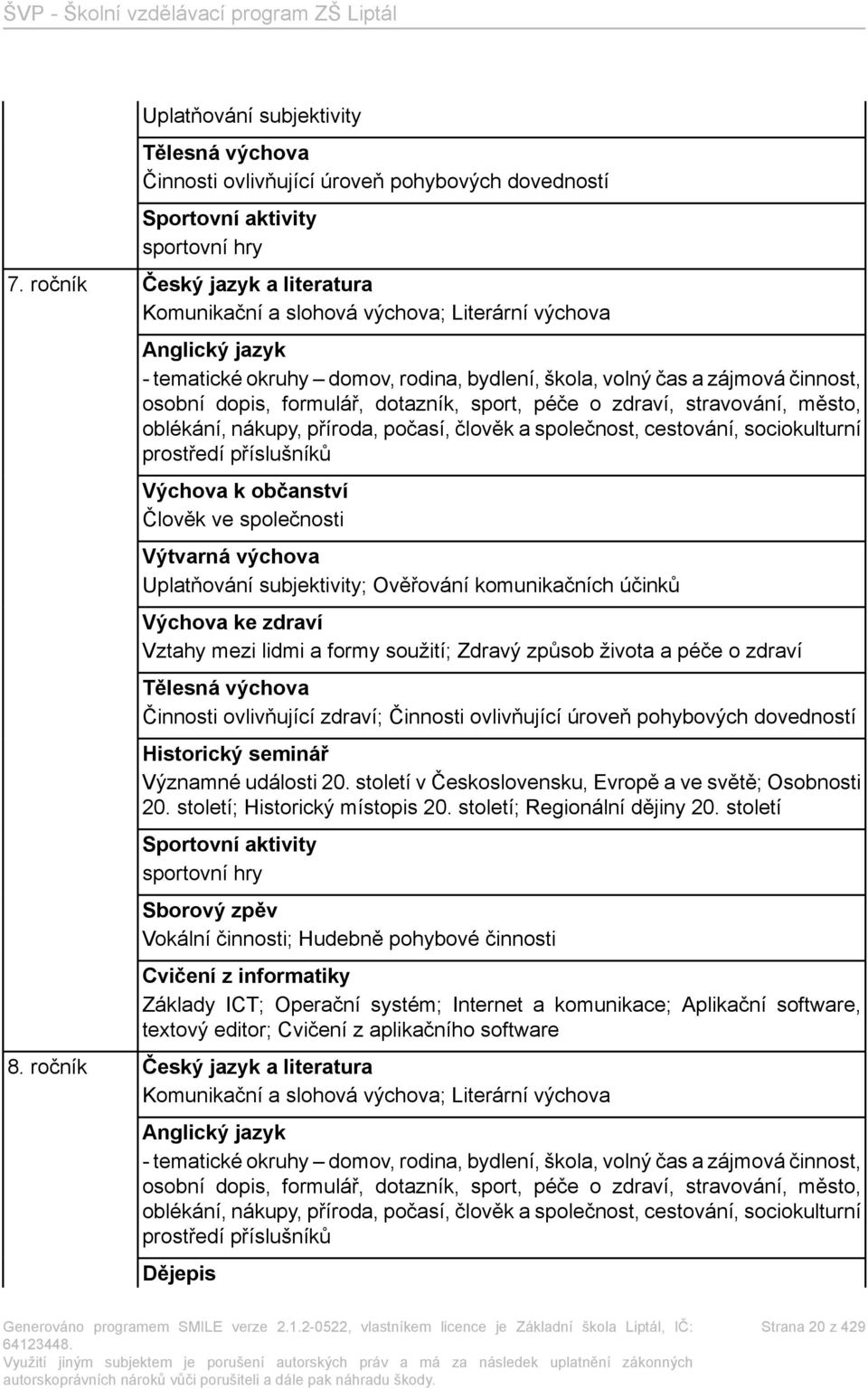 dotazník, sport, péče o zdraví, stravování, město, oblékání, nákupy, příroda, počasí, člověk a společnost, cestování, sociokulturní prostředí příslušníků Výchova k občanství Člověk ve společnosti