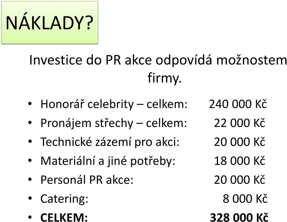 zázemí pro akci: Materiální a jiné potřeby: Personál PR akce: