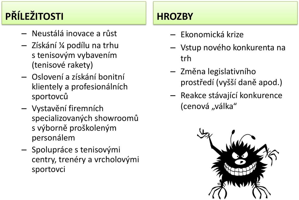 proškoleným personálem Spolupráce s tenisovými centry, trenéry a vrcholovými sportovci HROZBY Ekonomická krize