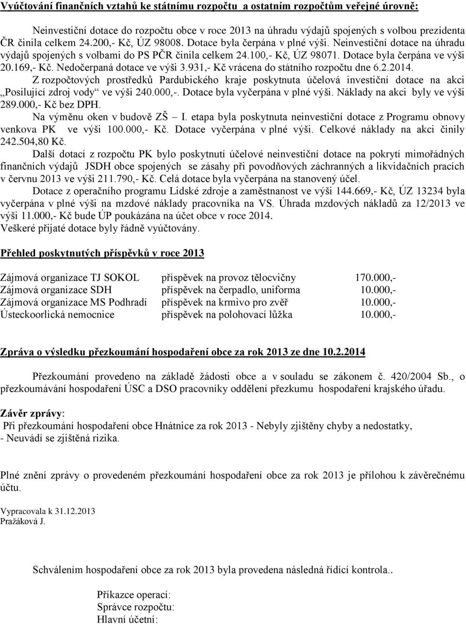 Nedočerpaná dotace ve výši 3.931,- Kč vrácena do státního rozpočtu dne 6.2.2014.