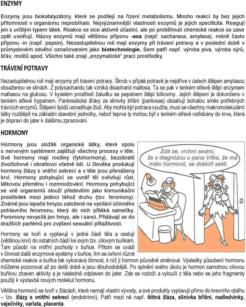 sacharasa, amylasa), méně často příponu -in (např. pepsin). Nezastupitelnou roli mají enzymy při trávení potravy a v poslední době v průmyslovém odvětví označovaném jako biotechnologie.