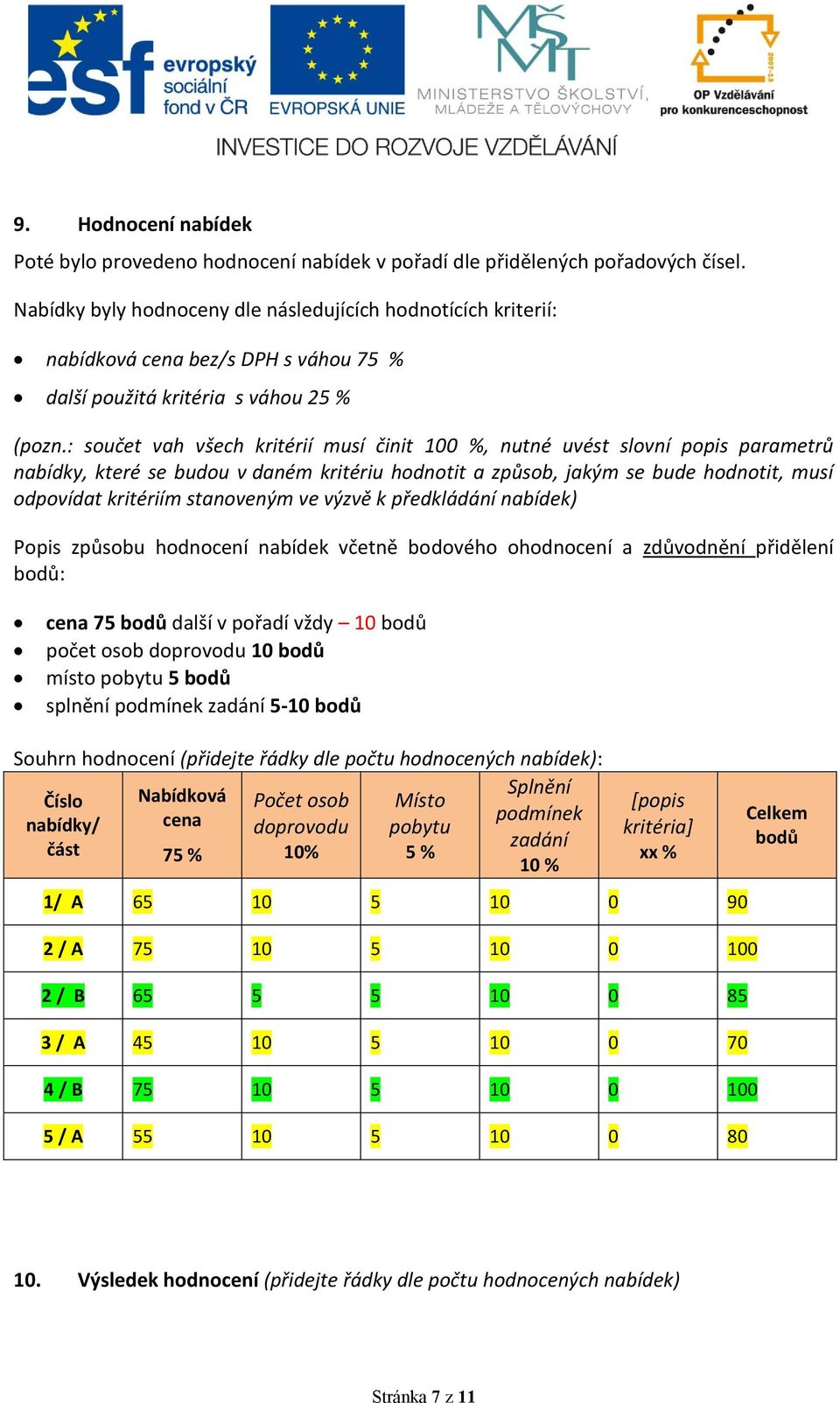 : součet vah všech kritérií musí činit 100 %, nutné uvést slovní popis parametrů nabídky, které se budou v daném kritériu hodnotit a způsob, jakým se bude hodnotit, musí odpovídat kritériím