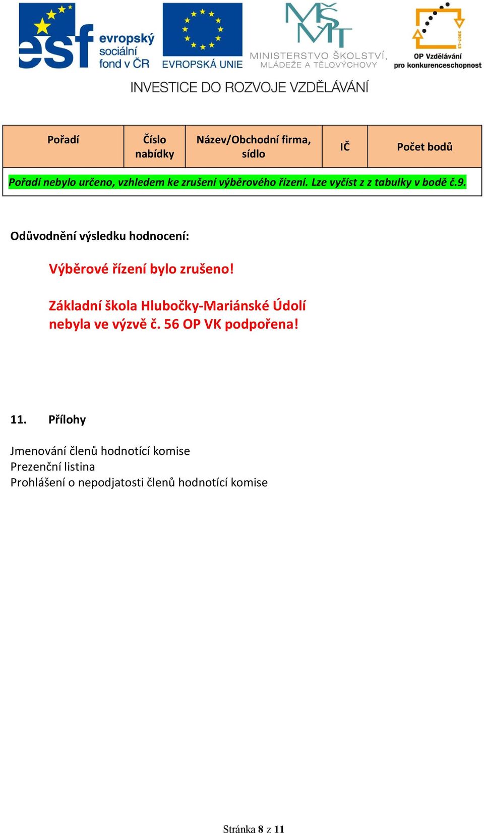 Odůvodnění výsledku hodnocení: Výběrové řízení bylo zrušeno!