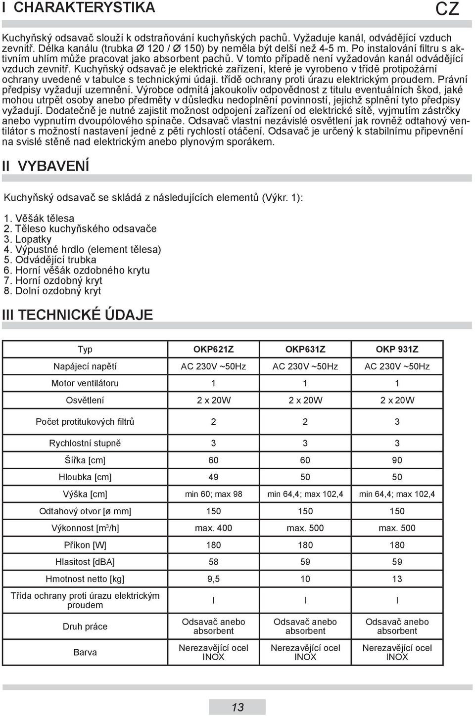 Kuchyňský odsavač je elektrické zařízení, které je vyrobeno v třídě protipožární ochrany uvedené v tabulce s technickými údaji. třídě ochrany proti úrazu elektrickým proudem.