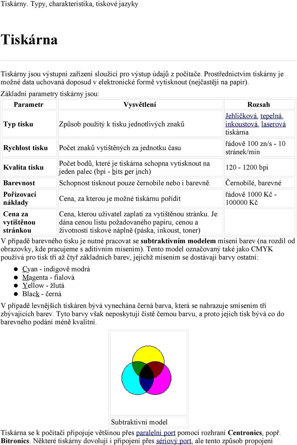Základní parametry tiskárny jsou: Parametr Vysvětlení Rozsah Typ tisku Rychlost tisku Kvalita tisku Způsob použitý k tisku jednotlivých znaků Počet znaků vytištěných za jednotku času Počet bodů,