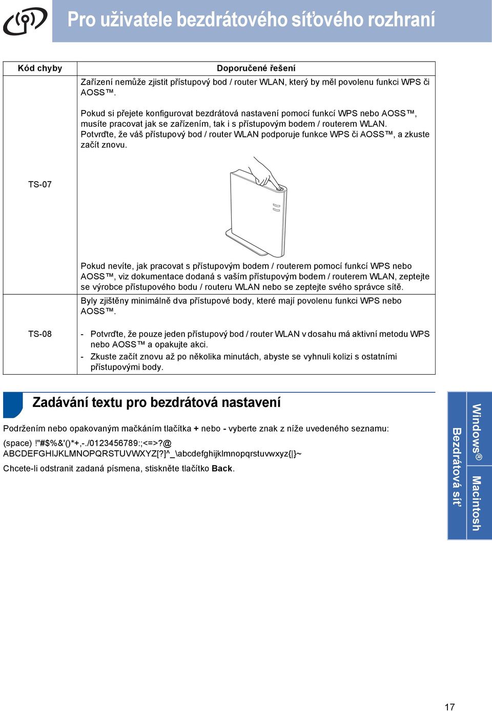 Potvrďte, že váš přístupový o / router WLAN poporuje funke WPS či AOSS, zkuste zčít znovu.