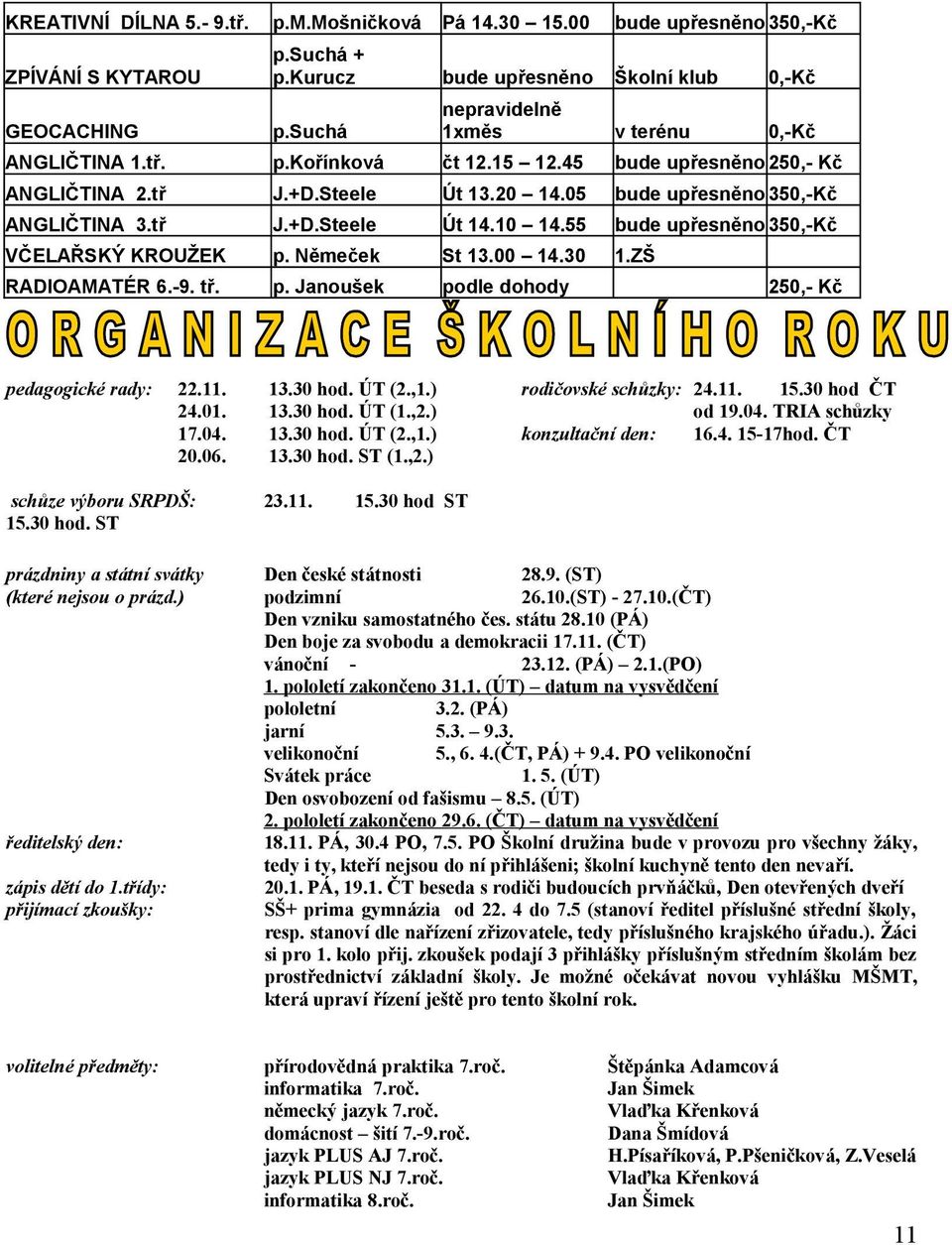 10 14.55 bude upřesněno 350,-Kč VČELAŘSKÝ KROUŽEK p. Němeček St 13.00 14.30 1.ZŠ RADIOAMATÉR 6.-9. tř. p. Janoušek podle dohody pedagogické rady: 13.30 hod. ÚT (2.,1.) 13.30 hod. ÚT (1.,2.) 13.30 hod. ÚT (2.,1.) 13.30 hod. ST (1.
