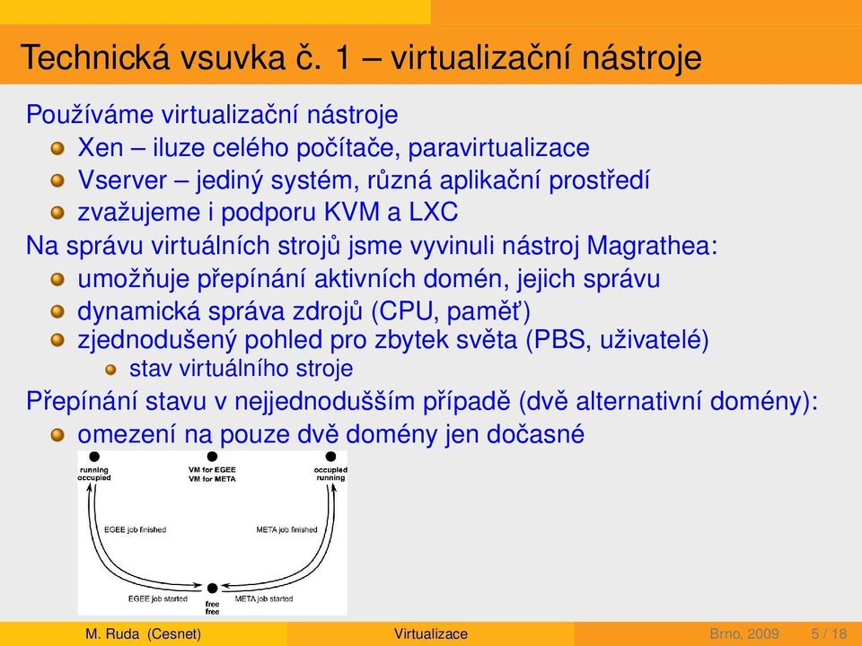 prostředí zvažujeme i podporu KVM a LXC Na správu virtuálních strojů jsme vyvinuli nástroj Magrathea: umožňuje přepínání aktivních domén, jejich