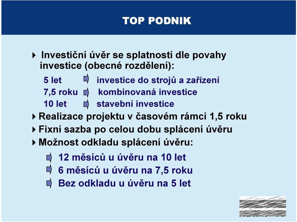 Realizace projektu v časovém rámci 1,5 roku Fixní sazba po celou dobu splácení úvěru Možnost