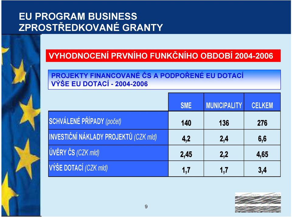 SME MUNICIPALITY CELKEM SCHVÁLENÉ PŘÍPADY (počet) 140 136 276 INVESTIČNÍ NÁKLADY