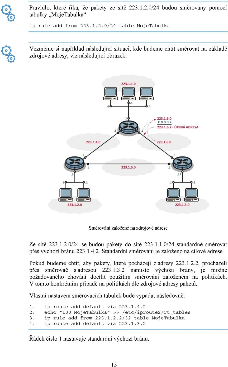 1.2.0/24 se budou pakety do sítě 223.1.1.0/24 standardně směrovat přes výchozí bránu 223.1.4.2. Standardní směrování je založeno na cílové adrese.