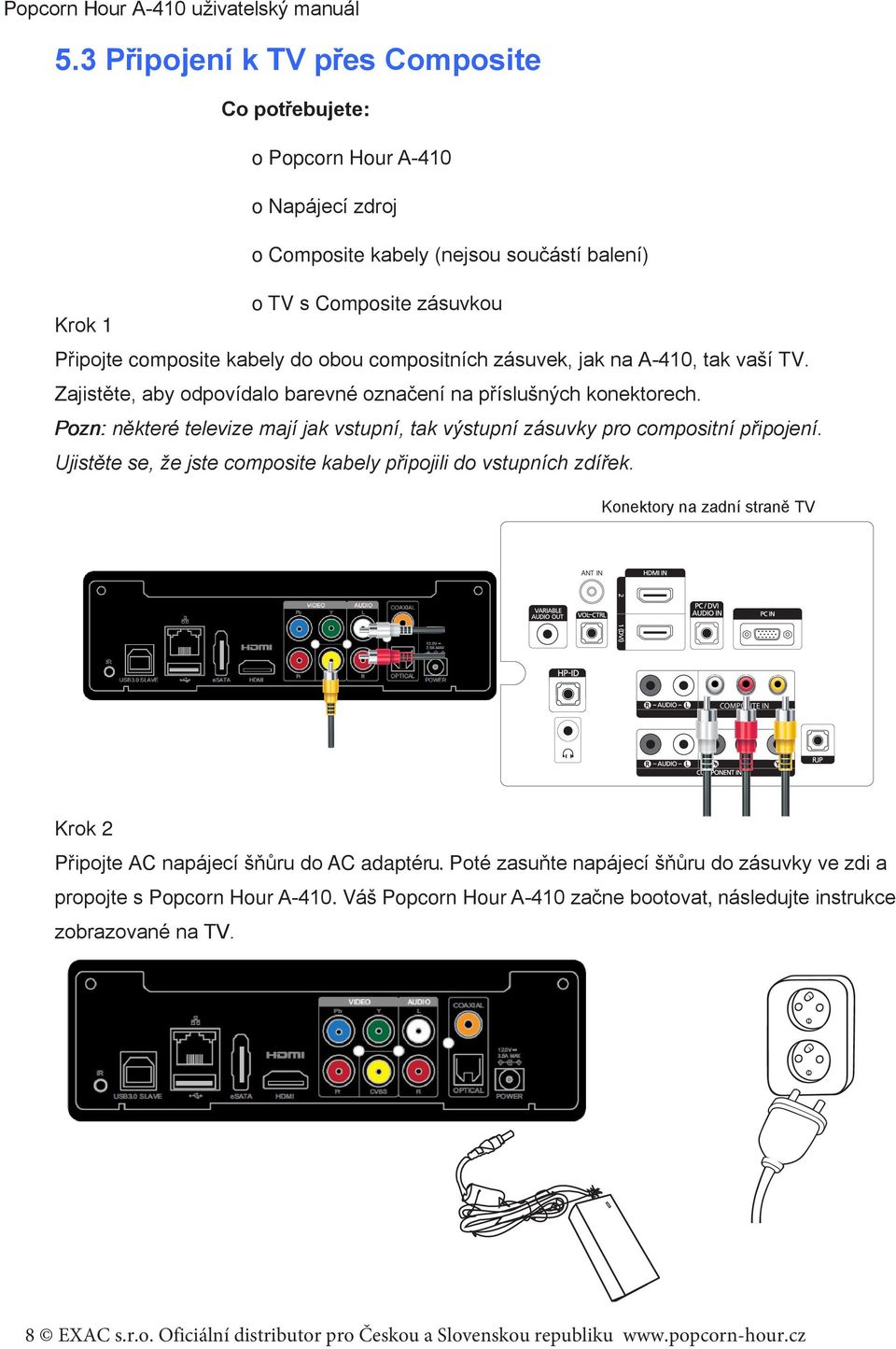 compositních zásuvek, jak na A-410, tak vaší TV. Zajistěte, aby odpovídalo barevné označení na příslušných konektorech.