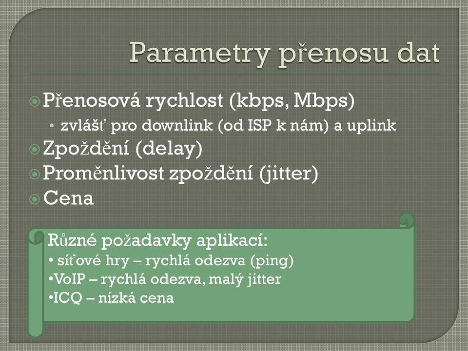 (jitter) Cena Různé požadavky aplikací: síťové hry rychlá