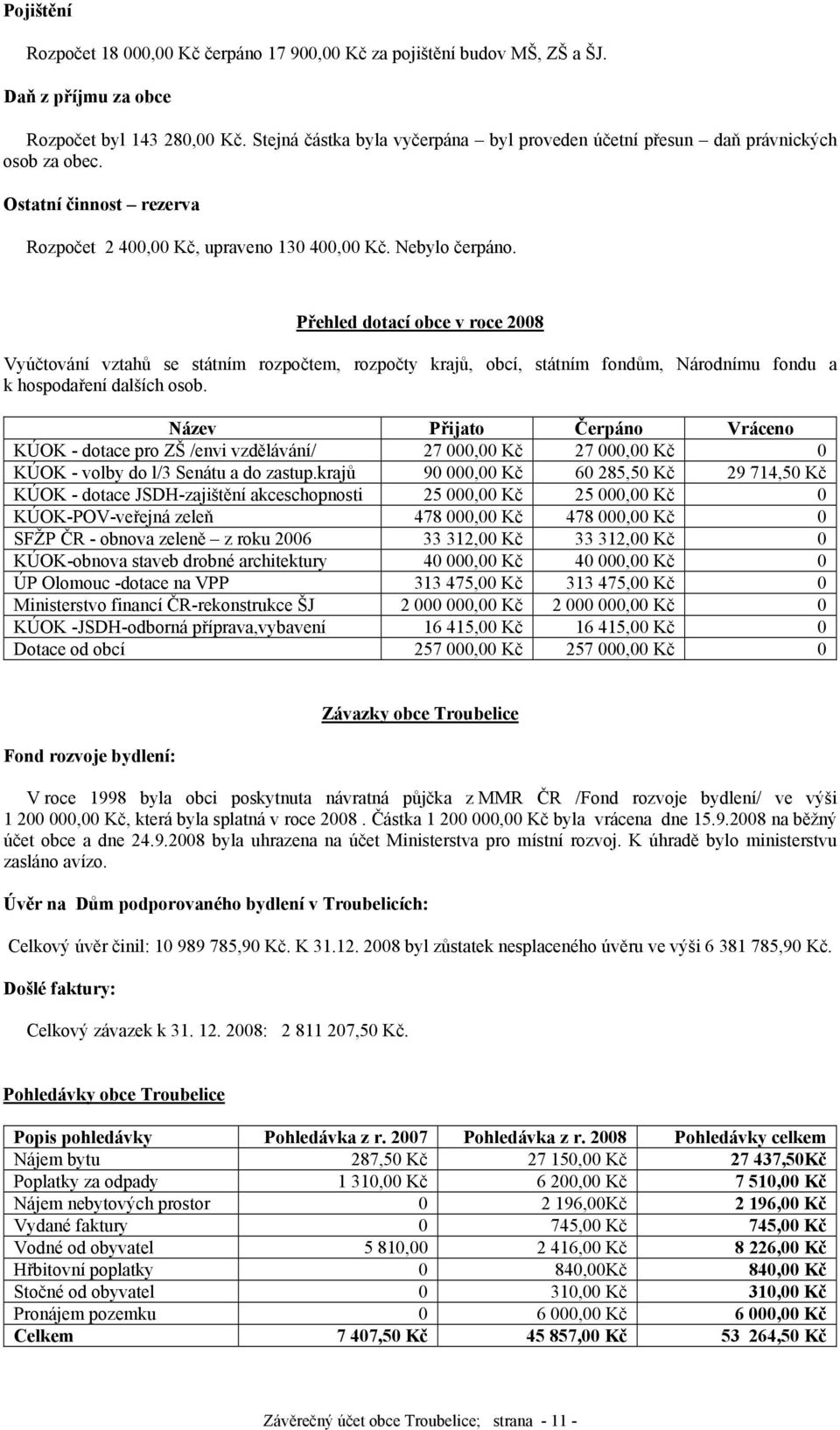 Přehled dotací obce v roce 2008 Vyúčtování vztahů se státním rozpočtem, rozpočty krajů, obcí, státním fondům, Národnímu fondu a k hospodaření dalších osob.