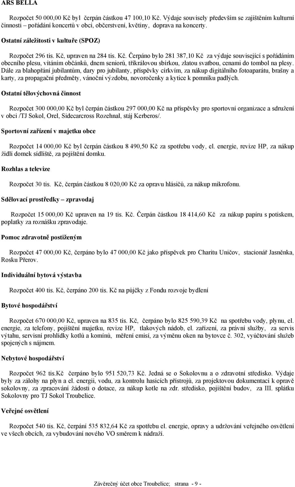 upraven na 284 tis. Kč. Čerpáno bylo 281 387,10 Kč za výdaje související s pořádáním obecního plesu, vítáním občánků, dnem seniorů, tříkrálovou sbírkou, zlatou svatbou, cenami do tombol na plesy.