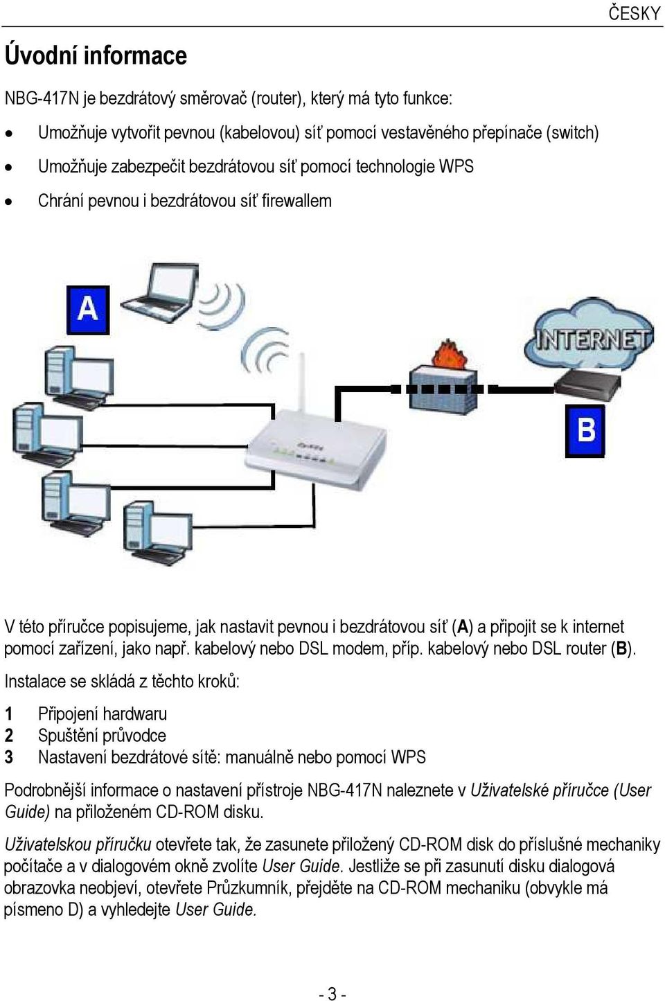 kabelový nebo DSL modem, příp. kabelový nebo DSL router (B).
