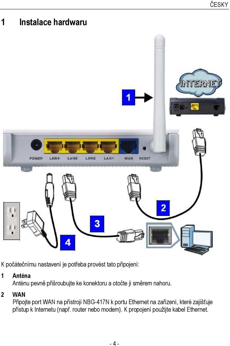2 WAN Připojte port WAN na přístroji NBG-417N k portu Ethernet na zařízení, které