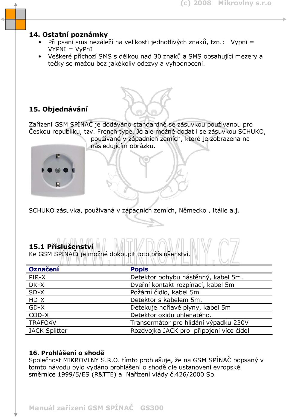 Objednávání Zařízení GSM SPÍNAČ je dodáváno standardně se zásuvkou používanou pro Českou republiku, tzv. French type.