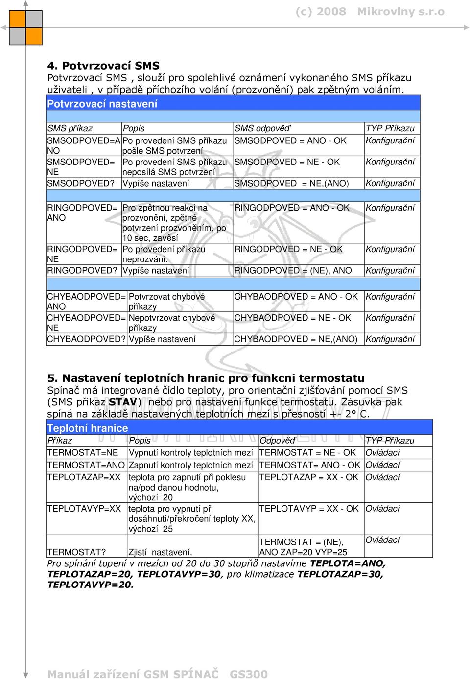 Vypíše nastavení SMSODPOVED = NE,(ANO) RINGODPOVED= ANO Pro zpětnou reakci na prozvonění, zpětné potvrzení prozvoněním, po 10 sec, zavěsí Po provedení příkazu neprozvání.