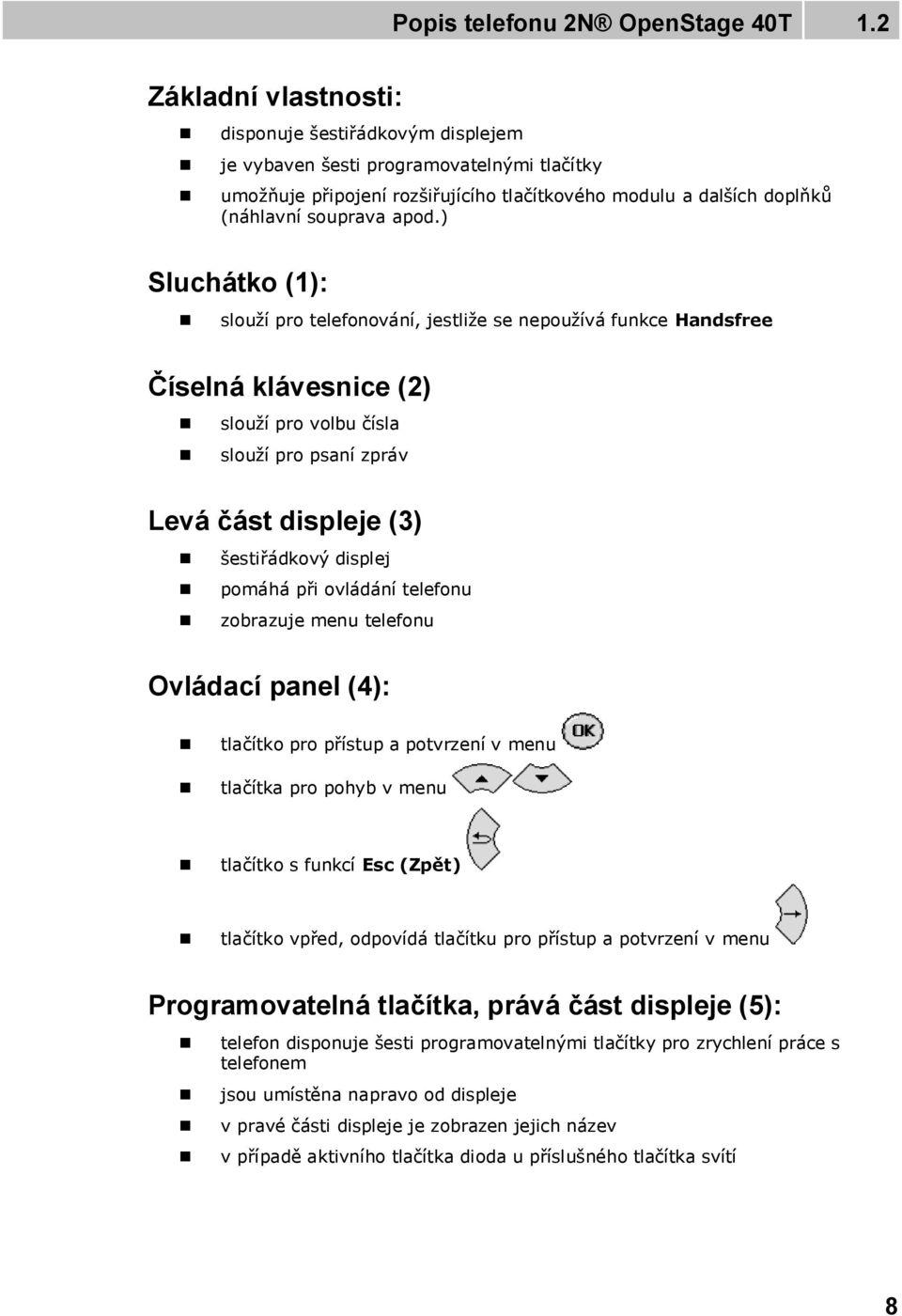 ) Sluchátko (1): slouží pro telefonování, jestliže se nepoužívá funkce Handsfree Číselná klávesnice (2) slouží pro volbu čísla slouží pro psaní zpráv Levá část displeje (3) šestiřádkový displej