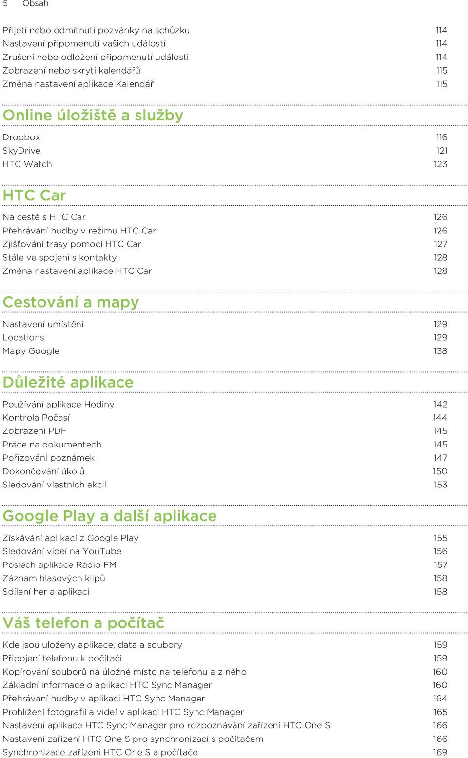 spojení s kontakty 128 Změna nastavení aplikace HTC Car 128 Cestování a mapy Nastavení umístění 129 Locations 129 Mapy Google 138 Důležité aplikace Používání aplikace Hodiny 142 Kontrola Počasí 144