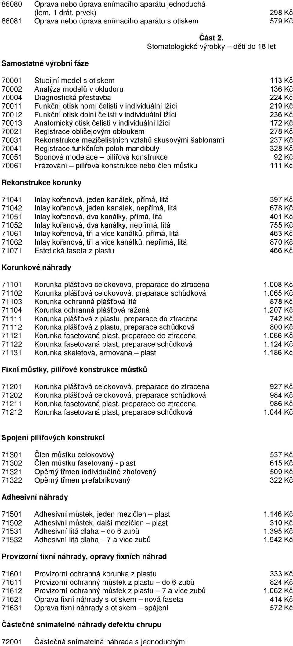 lžíci 219 Kč 70012 Funkční otisk dolní čelisti v individuální lžíci 236 Kč 70013 Anatomický otisk čelisti v individuální lžíci 172 Kč 70021 Registrace obličejovým obloukem 278 Kč 70031 Rekonstrukce