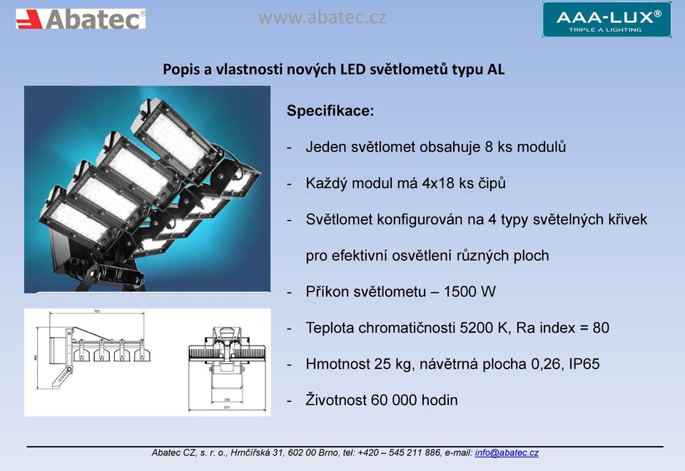 křivek pro efektivní osvětlení různých ploch - Příkon světlometu 1500 W - Teplota