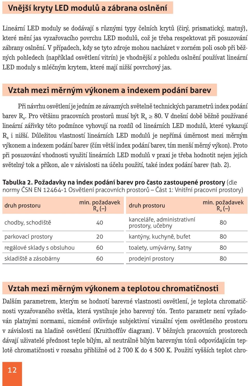 V případech, kdy se tyto zdroje mohou nacházet v zorném poli osob při běžných pohledech (například osvětlení vitrín) je vhodnější z pohledu oslnění používat lineární LED moduly s mléčným krytem,