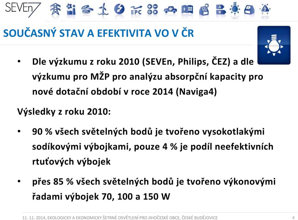 vysokotlakými sodíkovými výbojkami, pouze 4 % je podíl neefektivních rtuťových výbojek přes 85 % všech světelných bodů je