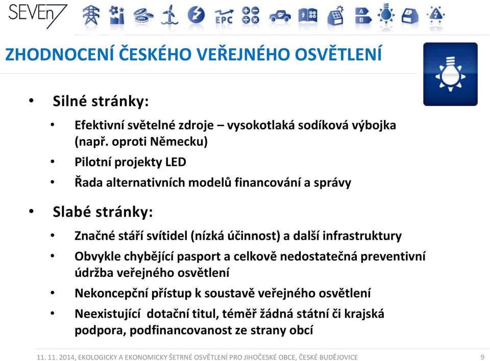 infrastruktury Obvykle chybějící pasport a celkově nedostatečná preventivní údržba veřejného osvětlení Nekoncepční přístup k soustavě veřejného