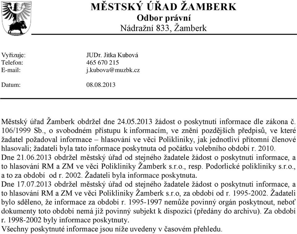 , o svobodném přístupu k informacím, ve znění pozdějších předpisů, ve které žadatel požadoval informace hlasování ve věci Polikliniky, jak jednotliví přítomní členové hlasovali; žadateli byla tato