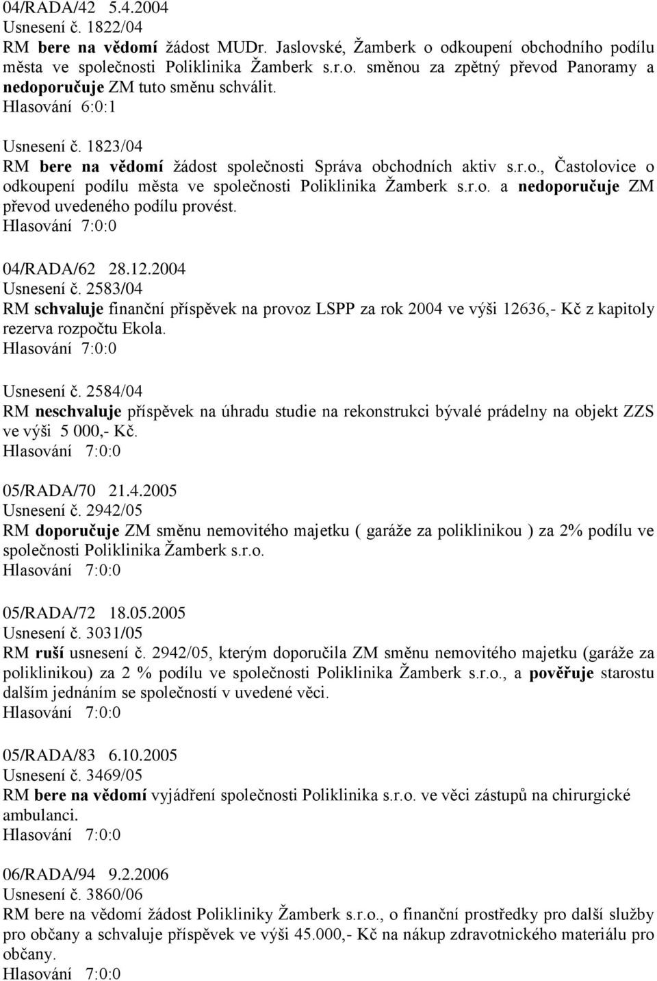 04/RADA/62 28.12.2004 Usnesení č. 2583/04 RM schvaluje finanční příspěvek na provoz LSPP za rok 2004 ve výši 12636,- Kč z kapitoly rezerva rozpočtu Ekola. Usnesení č. 2584/04 RM neschvaluje příspěvek na úhradu studie na rekonstrukci bývalé prádelny na objekt ZZS ve výši 5 000,- Kč.