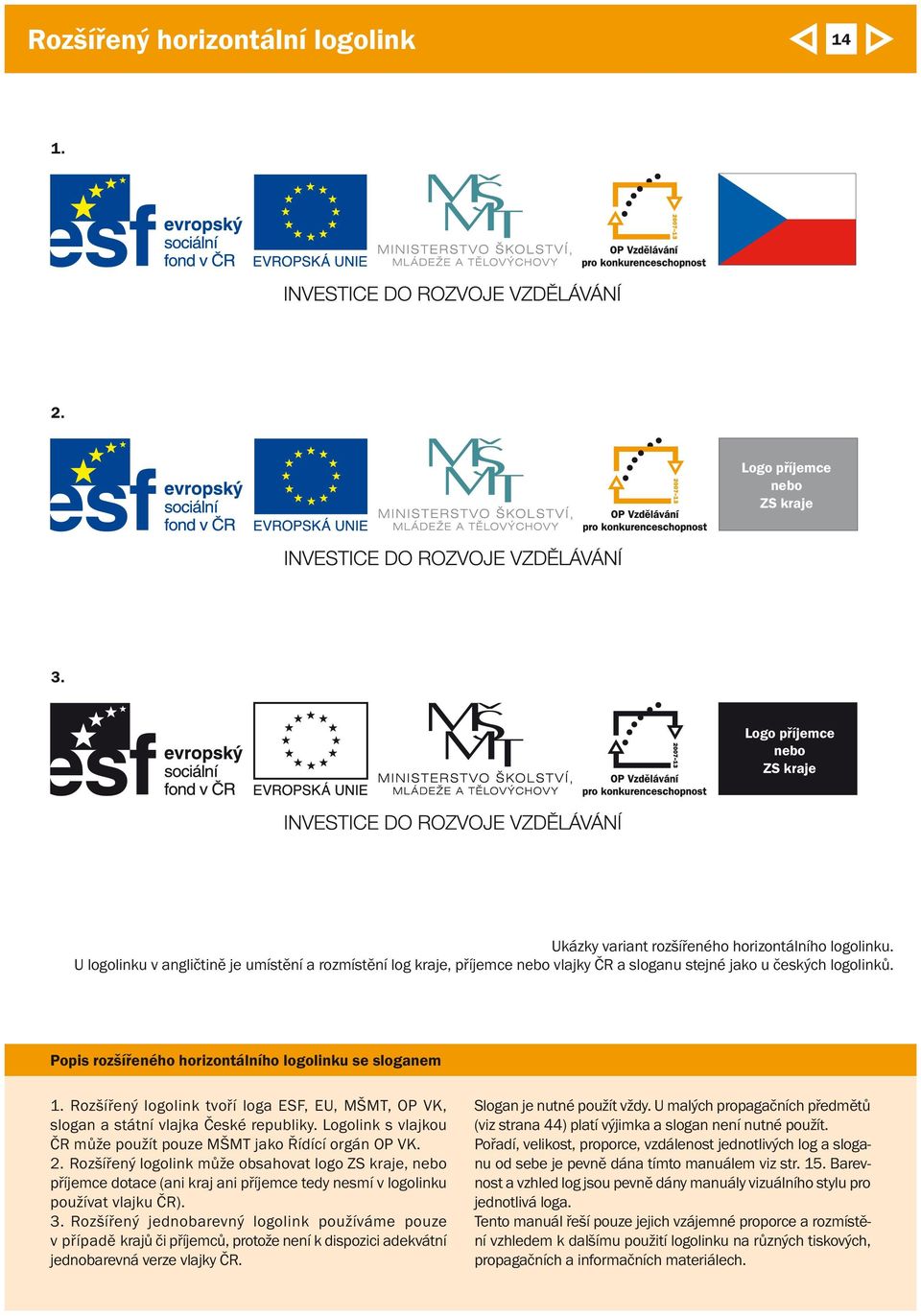 Rozšířený logolink tvoří loga ESF, EU, MŠMT, OP VK, slogan a státní vlajka České republiky. Logolink s vlajkou ČR může použít pouze MŠMT jako Řídící orgán OP VK. 2.