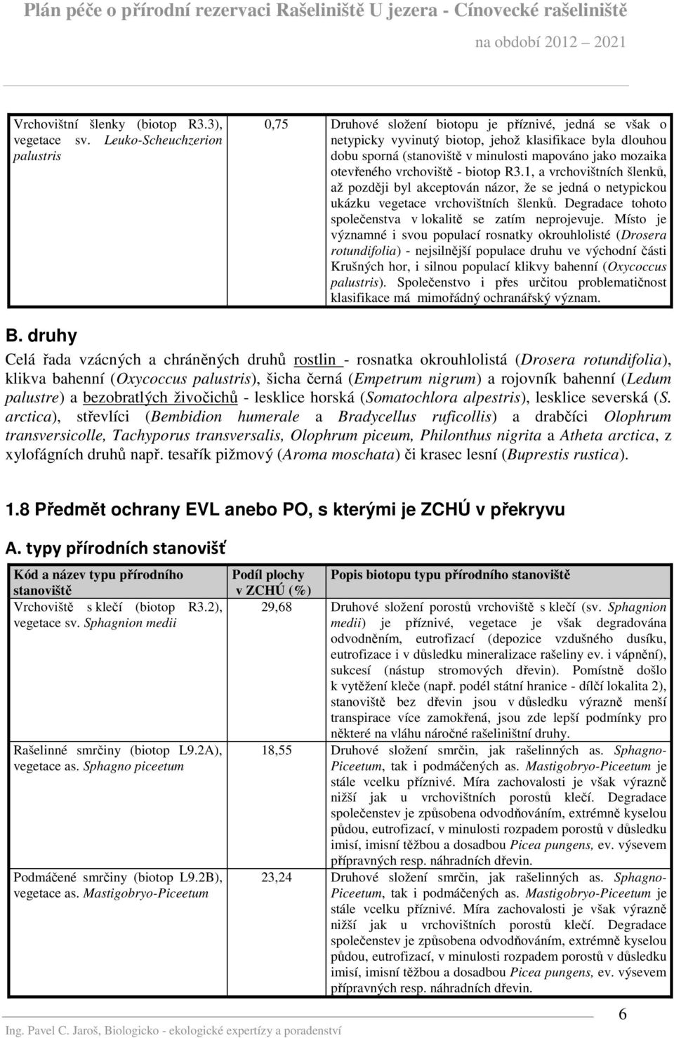 mozaika otevřeného vrchoviště - biotop R3.1, a vrchovištních šlenků, až později byl akceptován názor, že se jedná o netypickou ukázku vegetace vrchovištních šlenků.