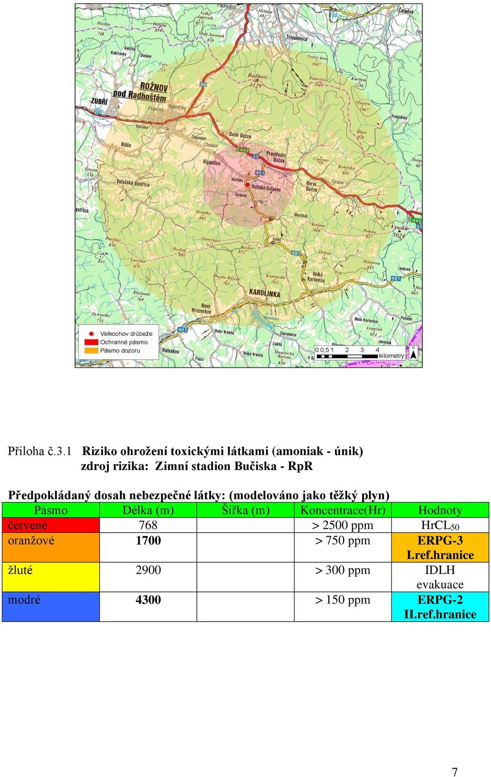 Předpokládaný dosah nebezpečné látky: (modelováno jako těžký plyn) Pásmo Délka (m) Šířka (m)