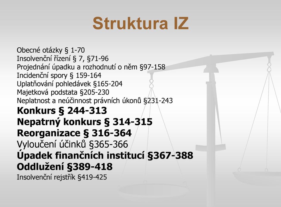 neúčinnost právních úkonů 231-243243 Konkurs 244-313 Nepatrný konkurs 314-315315 Reorganizace 316-364364