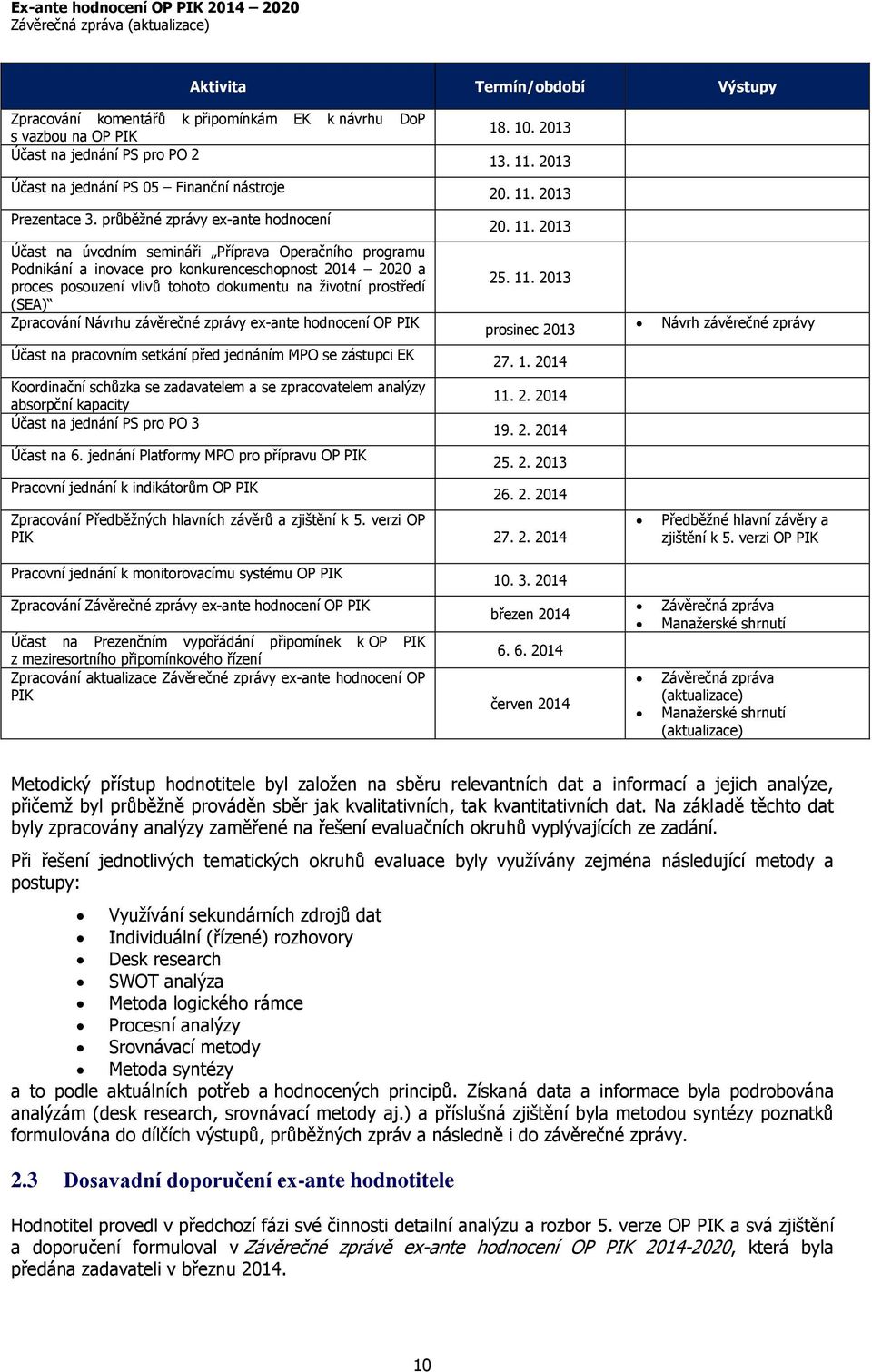 prostředí (SEA) Zpracování Návrhu závěrečné zprávy ex-ante hodnocení OP PIK Účast na pracovním setkání před jednáním MPO se zástupci EK Koordinační schůzka se zadavatelem a se zpracovatelem analýzy
