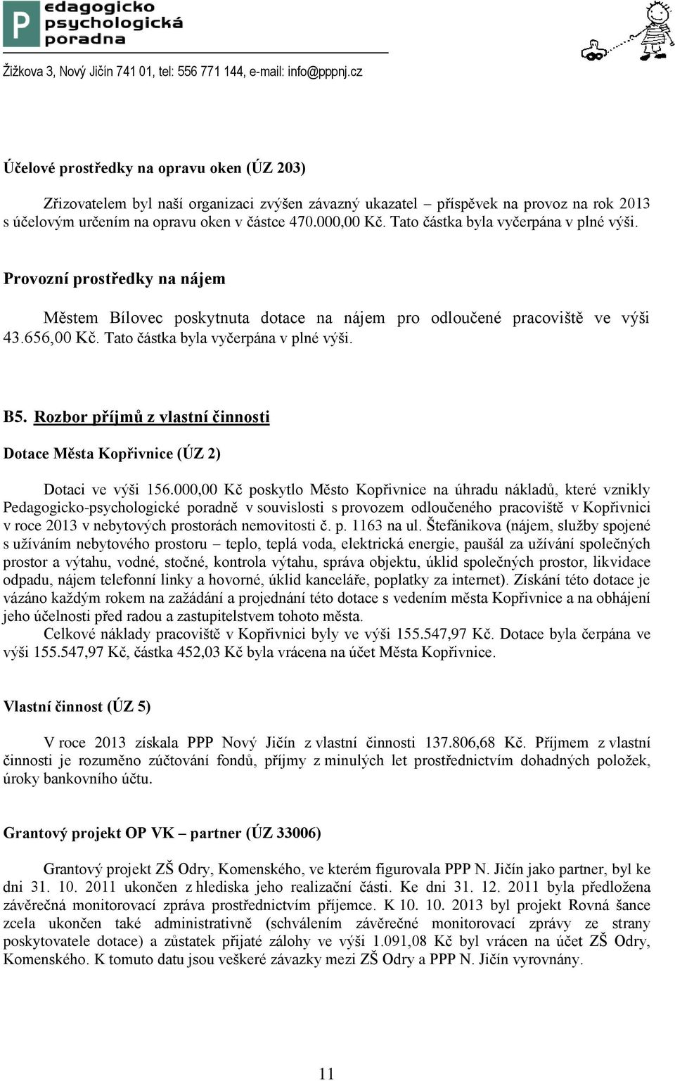 B5. Rozbor příjmů z vlastní činnosti Dotace Města Kopřivnice (ÚZ 2) Dotaci ve výši 156.