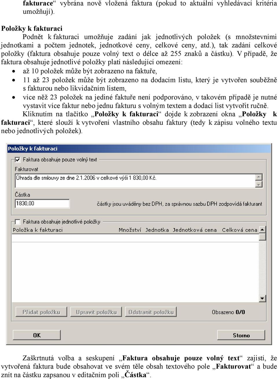 ), tak zadání celkové položky (faktura obsahuje pouze volný text o délce až 255 znaků a částku).
